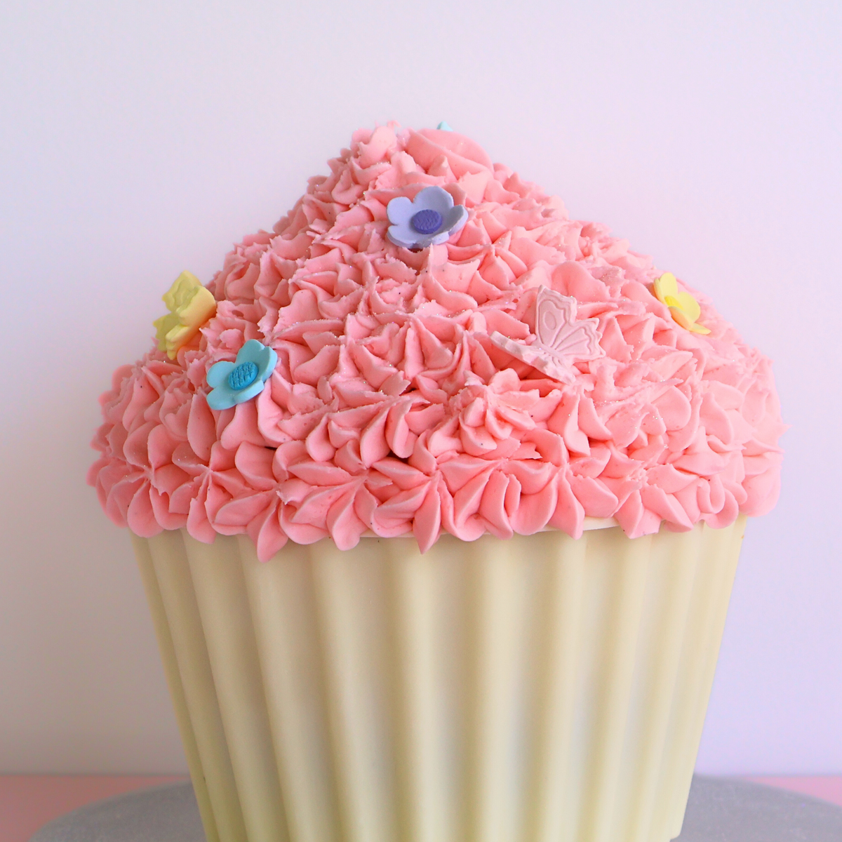 Pink Vanilla Giant Cupcake Cake with Butterflies and Blossom Flowers