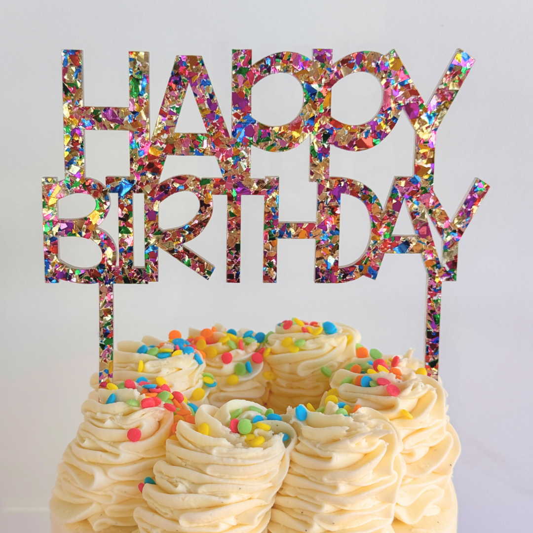 Rainbow Confetti &#39;Happy Birthday&#39; Acrylic Cake Topper