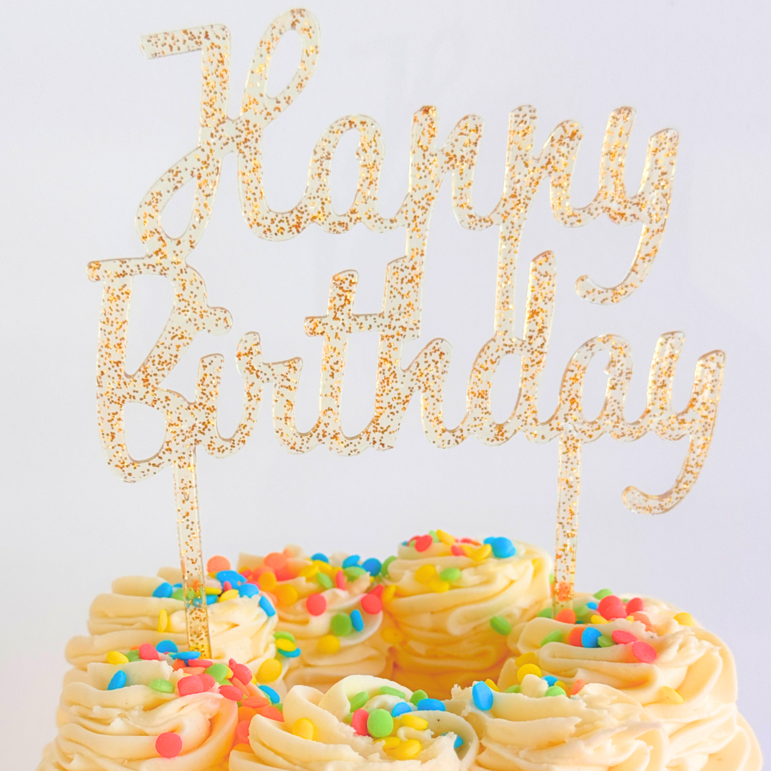 Gold Glitter &#39;Happy Birthday&#39; Acrylic Cake Topper