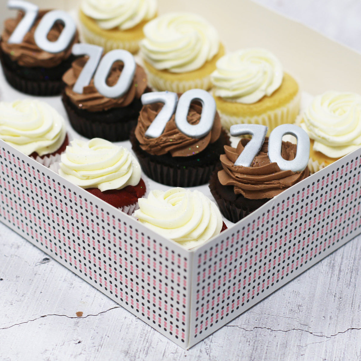 70th Birthday Cupcakes in SILVER-The Cupcake Queens